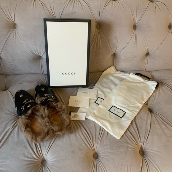 Gucci Princetown Leather Lambs Fur Bees and Stars Horsebit Loafers Flats 9 - Picture 7 of 9